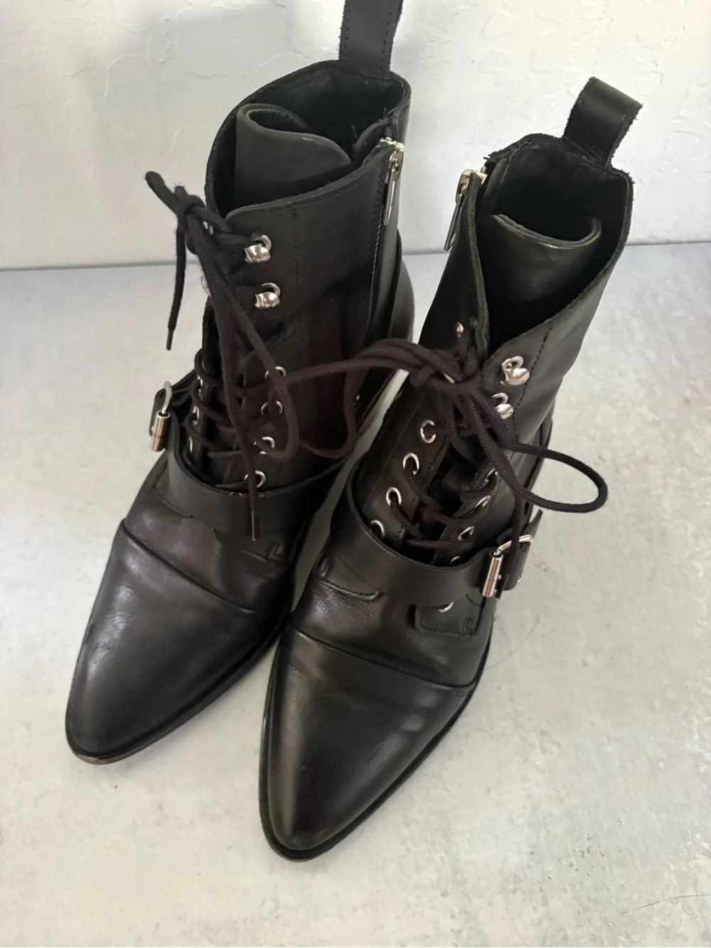 AllSaints Katy Black Leather Lace Up Buckle Strap Ankle Boot Black EU 38 US 7.5